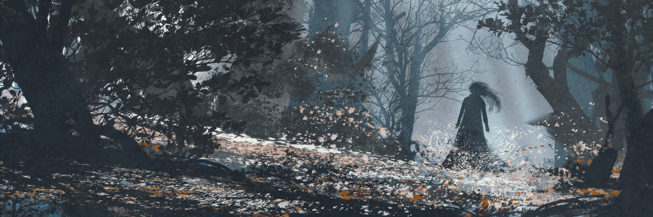 How You Can Use 'Shadow Work' to Help Process Trauma Abstract illustration of a mysterious shadow of a woman in a dark forest