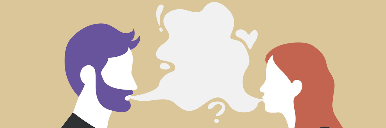 What to Know Before Dating Someone With PTSD Illustration of couple talking with speech bubble in the middle