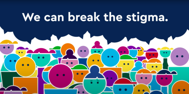 Illustration of sea of different color faces with the words "We can break the stigma"