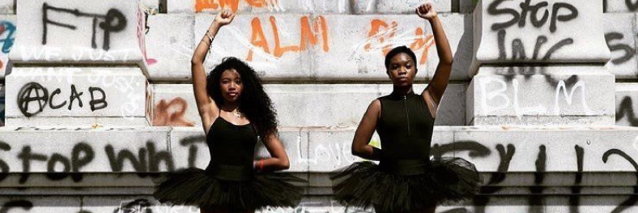 Black Ballerinas, Kennedy George and Ava Holloway (Author Amanda Lynch's daughter) participate in a peaceful Black Lives Matter protest after the death of George Floyd.
