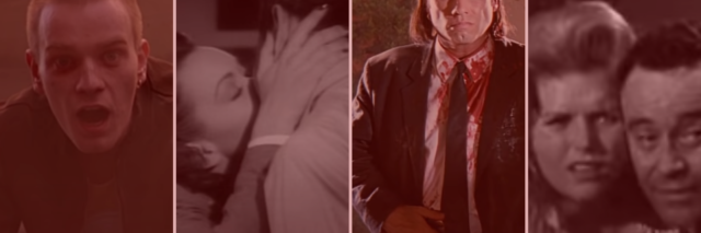 screen captures from the movies "Pulp Fiction" "Days of Wine and Roses" "The Lost Weekend" and "Trainspotting"