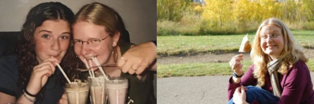 What I Would Tell My Younger Self About Trauma Recovery 4 photos of the author. Top right: author and friend as teenagers, smiling drinking milkshakes together. Top left: author, a middle-aged white woman smiling outside holding a leaf. Bottom left: author standing outside smiling. Bottom right: author and friend when they're older, smiling