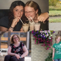 4 photos of the author. Top right: author and friend as teenagers, smiling drinking milkshakes together. Top left: author, a middle-aged white woman smiling outside holding a leaf. Bottom left: author standing outside smiling. Bottom right: author and friend when they're older, smiling