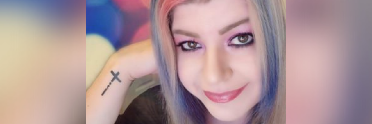 Dear Me, I'm Sorry for Not Treating You With Compassion Selfie of the author, a middle-aged white woman with colorfully dyed hair smiling