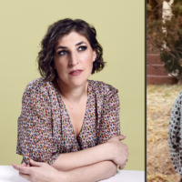 Mayim Bialik next to a photo of her younger self