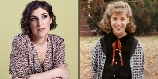 Mayim Bialik next to a photo of her younger self