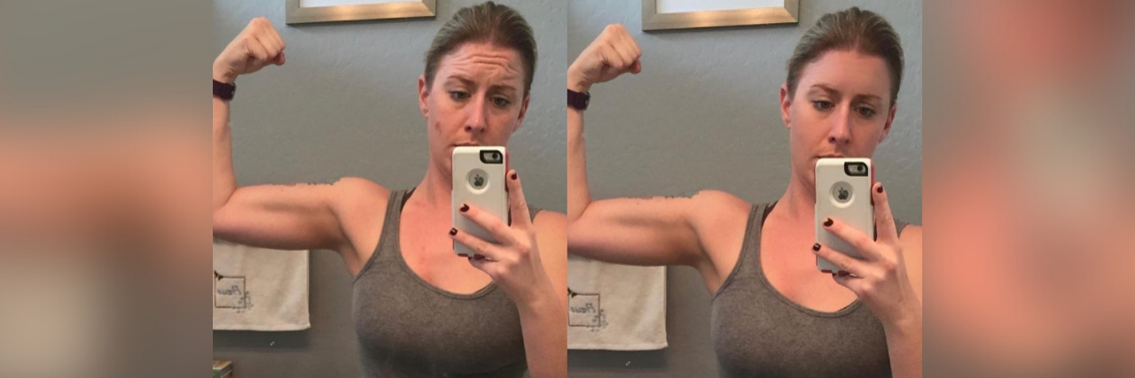 How I Hid My Addiction by Retouching My Social Media Photos Side-by-side photos of the contributor, holding up her arm and showing off her muscles, with the image on the right edited with a photo editing app to smooth out wrinkles etc.