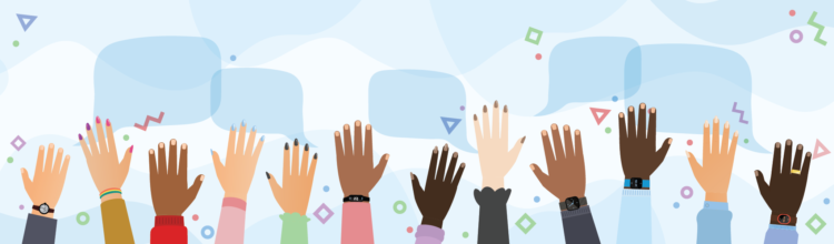 A long horizontal banner that has a variety of hands in different skin tones waving from the bottom. Each hand has a different color sleeve and/or nail polish/watch. The top half of the banner shows blank speech bubbles and Mighty-branded shapes.