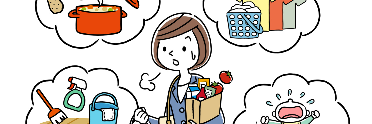 A woman shopping with her hands full and thought bubbles around everything that needs to be done