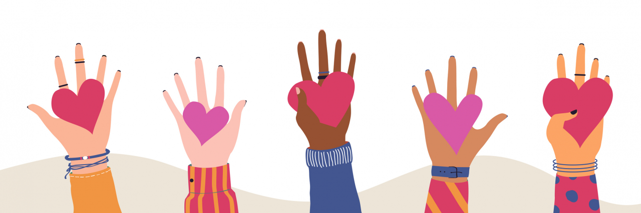 To the Friend Entering the World of Incurable Disease Set of three diverse hands, each holding a heart