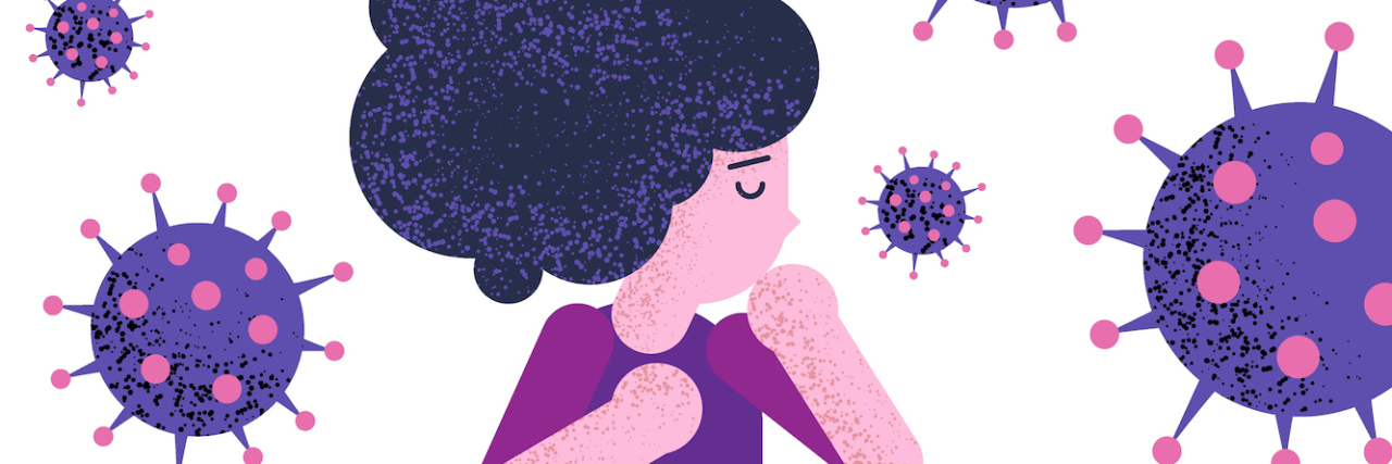 Navigating My Daughter's Rare Disease During COVID-19 An illustration of a woman with her fists up, with COVID-19 virus surrounding her