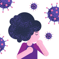 An illustration of a woman with her fists up, with COVID-19 virus surrounding her