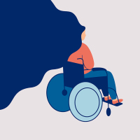 Drawing of a woman in a wheelchair with flowing hair.