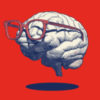 Retro drawing of brain with eyeglasses.