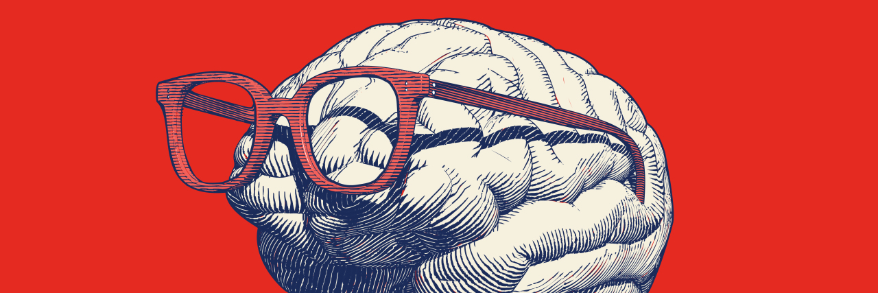 Why Society's Concept of 'Intelligence' Causes Harm Retro drawing of brain with eyeglasses.