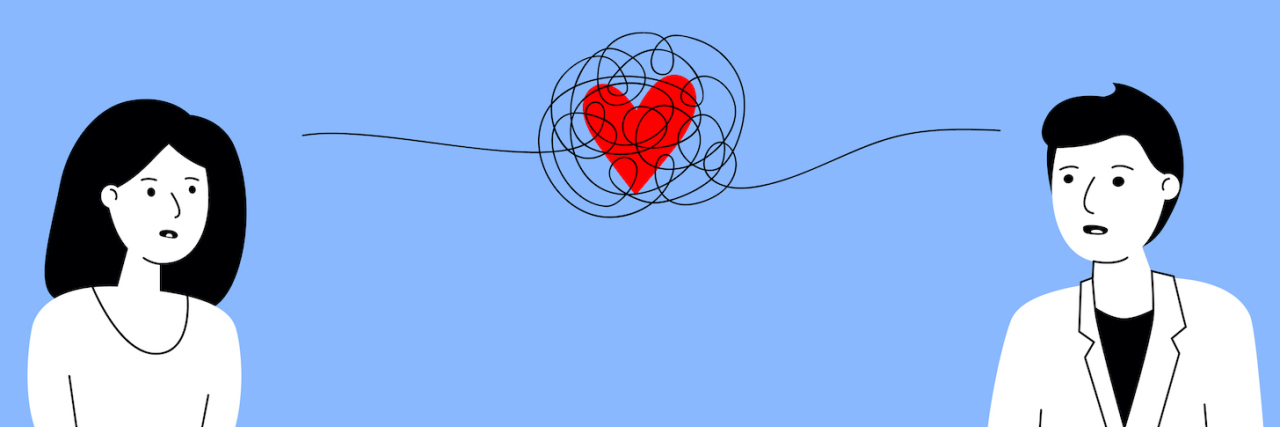 tangled thread with heart between man and woman
