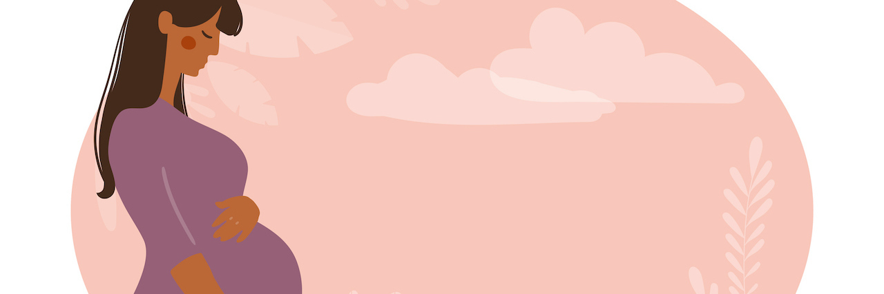 Pregnant Women Need to Know About Postpartum Disorders Illustration of pregnant woman with hand on her belly