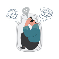 An illustration of a woman curled up in a jar