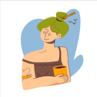 Drawing on a woman with green hair holding a cup of coffee.