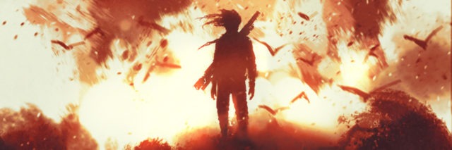 illustration of a person with a weapon against a firey background