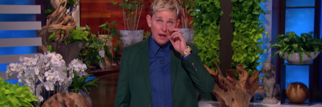 screenshot of Ellen DeGeneres announcing the end of The Ellen Show, in which she is crying and wiping a tear from her eye