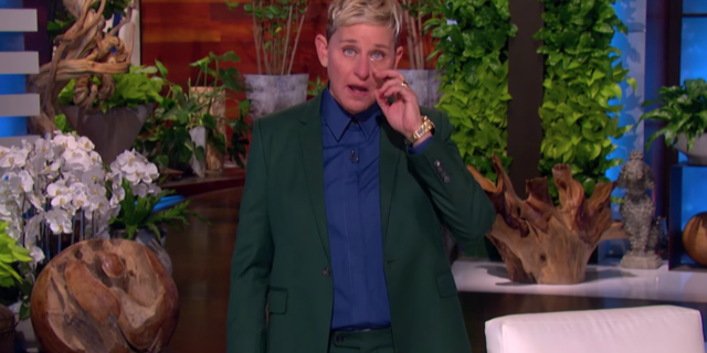 We Need to Talk About ‘The Ellen Show’ Ending and Toxic Workplaces screenshot of Ellen DeGeneres announcing the end of The Ellen Show, in which she is crying and wiping a tear from her eye