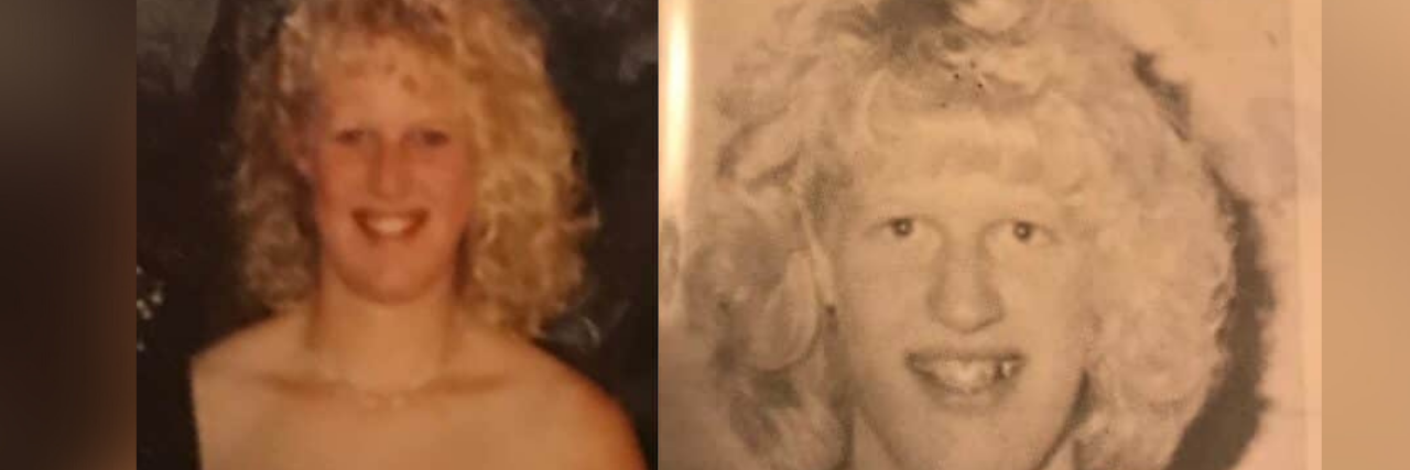 2 photos of author side by side. Left: author as a teenager with curly blonde hair in a black dress smiling. Right: Black & white photo fo author with curly hair smiling