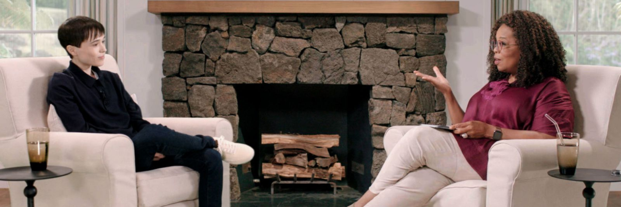 3 Takeaways From Oprah's Interview With Elliot Page Elliot Page and Oprah sitting across from one another