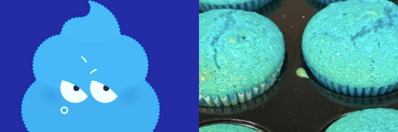 [Left cartoon of blue poop, right blue muffins]