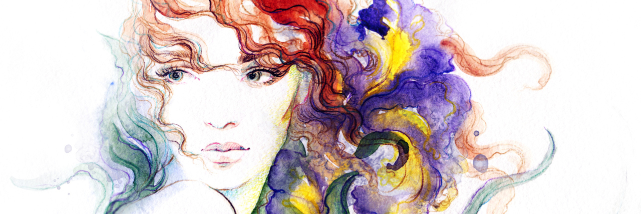 How I Learned to Accept I Have Dissociative Identity Disorder Abstract watercolor of a woman looking over her shoulder; different colored hair waving