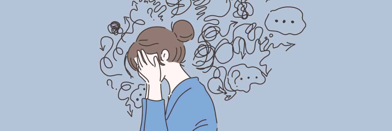 vector of a young, white woman with her hair in a bun, crying with hands to her face and thought bubbles all around her