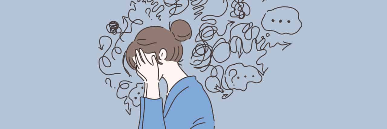 What Living With Health Anxiety Actually Looks Like vector of a young, white woman with her hair in a bun, crying with hands to her face and thought bubbles all around her