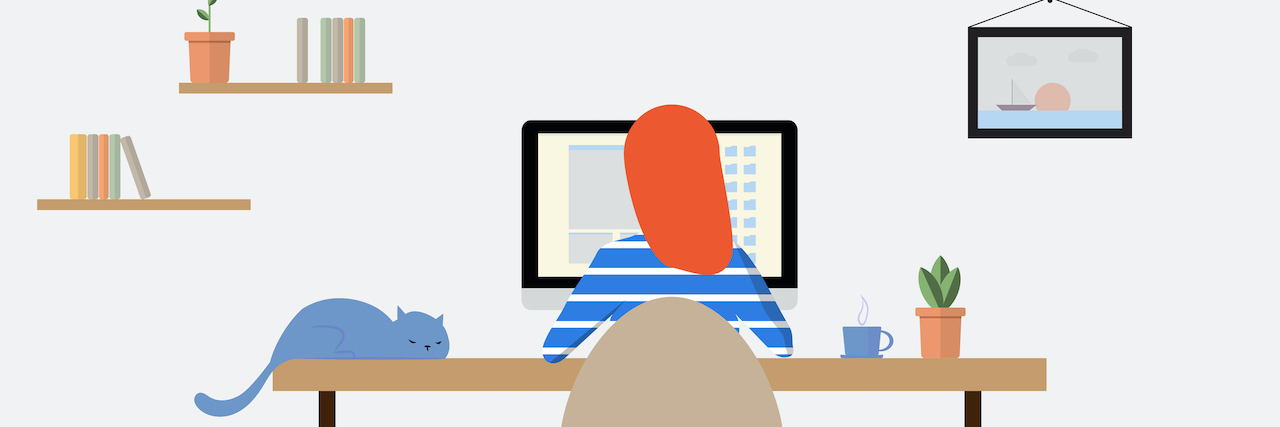 June: Remote Jobs for People With a Disability or Chronic Illness An illustration of a woman with red hair working from her computer in a tidy office. A cat sits on her desk