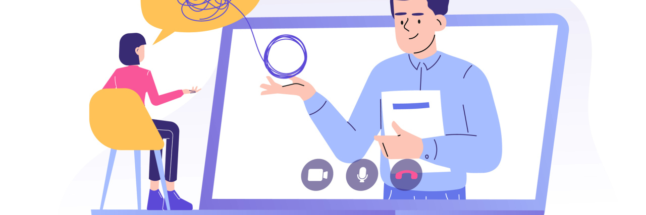 Could the New WHO Guidelines Improve Community Mental Health Care? illustration of a therapist on a laptop screen helping a woman with her mental health