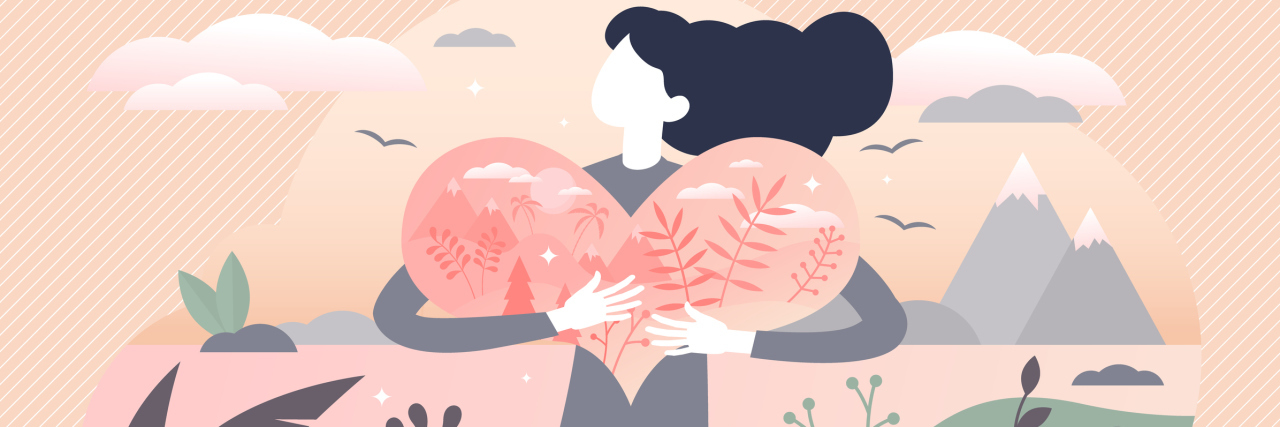 Vector of a faceless woman hugging a heart outside in nature