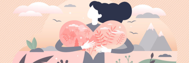Vector of a faceless woman hugging a heart outside in nature