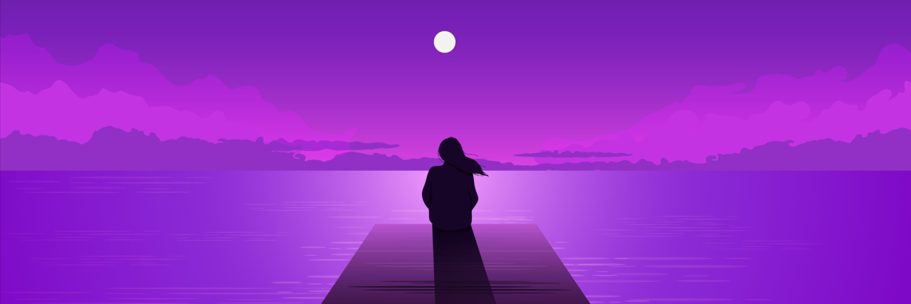 Painted image of a silhouette sitting on a dock looking out at the sky; purple hues