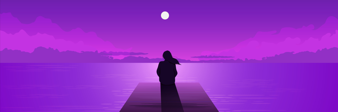 How My Childhood Trauma Affects Me Painted image of a silhouette sitting on a dock looking out at the sky; purple hues