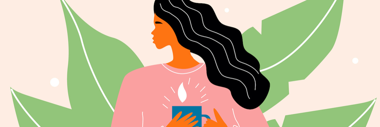 Food Guidelines for IBD Patients with Ileostomies Illustration of a woman with a cup of tea or coffee on an abstract background of leaves