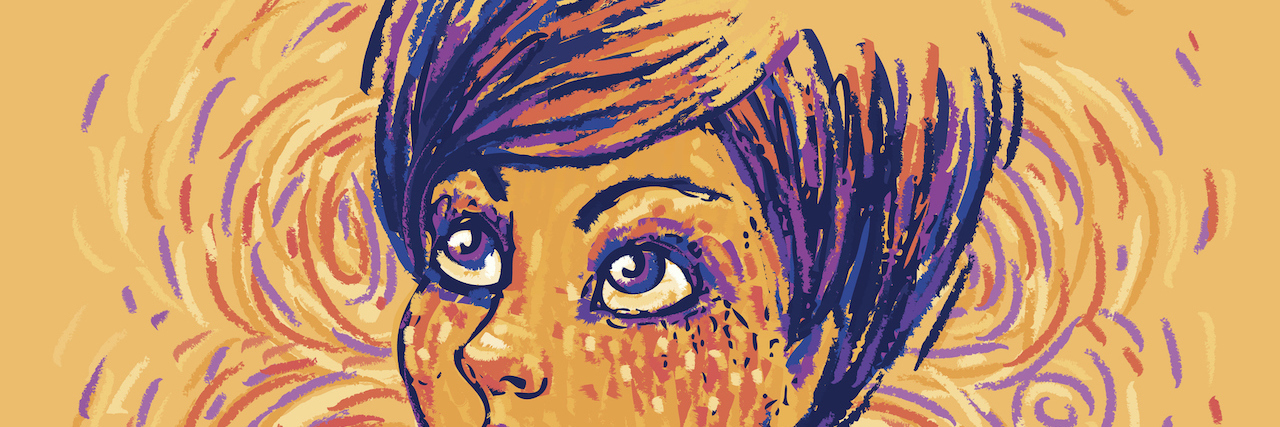 Illustration of a woman's face with swirls of color behind her