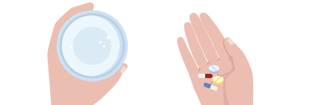 Vector of a man's hands, the left holding a glass of water and the right holding three capsules of medicine