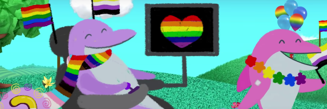 Still from "Blue's Clues" Pride commercial featuring disabled non-binary dolphins