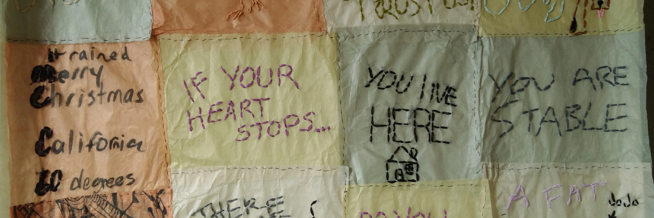 How My Sister and I Learned to Communicate With Her Brain Tumor Author's embroidery from whiteboard conversations with her sister