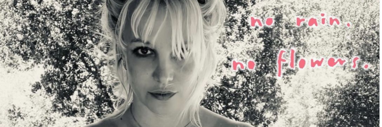 Britney Spears on Instagram with a monotone filter with the words "No rain no flowers"