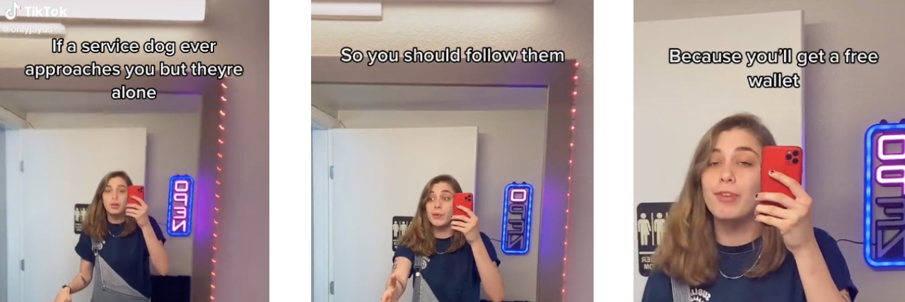 TikToker @OnlyJayus Joked About Stealing From Service Dog Handlers TikTok of someone encouraging people "jokingly" to steal a service dog's owners wallet