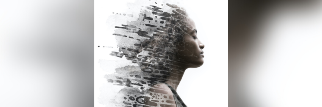 Double exposure portrait of Black woman with her eyes closed, fading into brush strokes