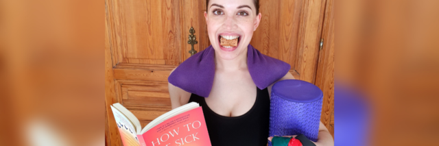 Jessica with her yoga mat and a book about living with chronic illness.