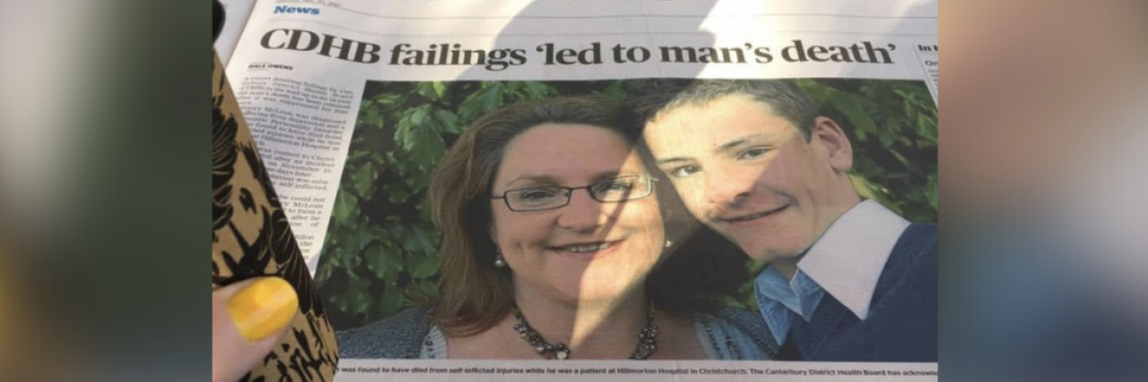 How My Grief Has Changed After Losing My Son 7 Years Ago Newspaper clipping of author smiling and standing next to her son