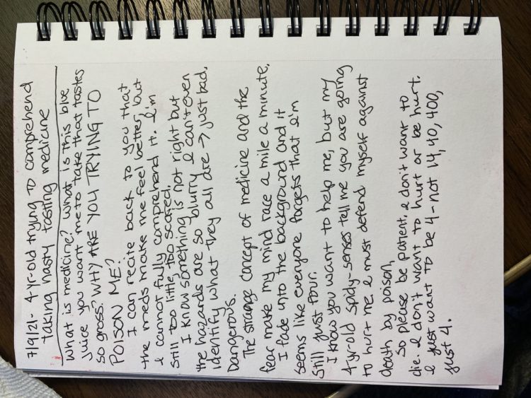 A spiral notebook with the journal exercise the author did in therapy