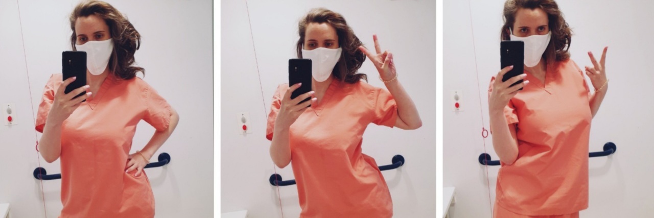 Chronic Illness Is Not a Moral Failing Photo of contributor in her scrubs and giving the peace sign while taking mirror selfies